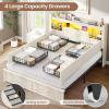 image:imageVIAGDO Farmhouse Full Size Bed Frame with FlipDown Bookcase Storage Headboard and 4 Drawers Rustic Wood Platform Bed Frame Full Size with Charging Station and LED Lights No Box Spring Needed WhiteWhite