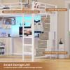 image:imageVIAGDO Full Size Loft Bed with LShaped Desk 5 Storage Drawers Charging Station and LED Lights Metal Loft Bed with Open Shelves Clothes Hanging Rail Safety GuardrailampLadder SpaceSaving WhiteWhite