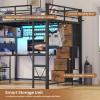 image:imageVIAGDO Full Size Loft Bed with LShaped Desk 5 Storage Drawers Charging Station and LED Lights Metal Loft Bed with Open Shelves Clothes Hanging Rail Safety GuardrailampLadder SpaceSaving WhiteBlack