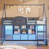 image:imageVIAGDO Low Loft Bed Twin Size with 9 Storage Drawers Bookcase and LED Lights HouseShaped Metal Twin Loft Bed with Step Stool and Safety Guardrail Kids Loft Bed with UnderBed Play Space WhiteGrey