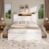 image:imageVIAGDO Queen Bed Frame with Headboard and Storage Cabinets Farmhouse Bed Frame Queen Size with Charging Station and LED Lights Wooden Platform Bed Frame with 4 Drawers No Box Spring Needed BrownWhite