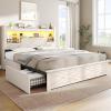 image:imageVIAGDO Farmhouse Full Size Bed Frame with FlipDown Bookcase Storage Headboard and 4 Drawers Rustic Wood Platform Bed Frame Full Size with Charging Station and LED Lights No Box Spring Needed WhiteWhite