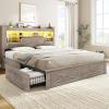 image:imageVIAGDO Farmhouse Full Size Bed Frame with FlipDown Bookcase Storage Headboard and 4 Drawers Rustic Wood Platform Bed Frame Full Size with Charging Station and LED Lights No Box Spring Needed WhiteGrey