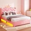 image:imageVIAGDO Full Size Bed Frame with LED and Charging StationStorage Headboard amp 2 Storage DrawersPrincess Upholstered Bed with Crystal Button amp CrownVelvet Platform Bed for GirlsPinkPink