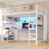 image:imageVIAGDO Full Size Loft Bed with LShaped Desk 5 Storage Drawers Charging Station and LED Lights Metal Loft Bed with Open Shelves Clothes Hanging Rail Safety GuardrailampLadder SpaceSaving WhiteWhite