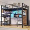image:imageVIAGDO Full Size Loft Bed with LShaped Desk 5 Storage Drawers Charging Station and LED Lights Metal Loft Bed with Open Shelves Clothes Hanging Rail Safety GuardrailampLadder SpaceSaving WhiteBlack