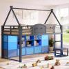 image:imageVIAGDO Low Loft Bed Twin Size with 9 Storage Drawers Bookcase and LED Lights HouseShaped Metal Twin Loft Bed with Step Stool and Safety Guardrail Kids Loft Bed with UnderBed Play Space WhiteGrey