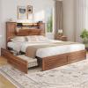 image:imageVIAGDO Queen Bed Frame with Headboard and Storage Cabinets Farmhouse Bed Frame Queen Size with Charging Station and LED Lights Wooden Platform Bed Frame with 4 Drawers No Box Spring Needed BrownBrown