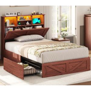 image:imageVIAGDO Bed Frame Queen Size with Bookcase Storage Headboard Charging Station and LED Lights Wooden Queen Bed Frame with 4 Drawers Barn Door Design No Box Spring Needed No Noise Natural RattanReddish Brown