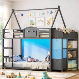 image:imageVIAGDO Bunk Bed Twin Over Twin with 3 Storage Drawers and Shelves House Shaped Bunk Bed with Stairs and Guardrail Metal Twin Floor Bed with LED Lights for Kids Teens Boys Girls Dorm Bedroom GreyGrey