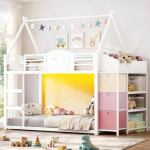 image:imageVIAGDO Bunk Bed Twin Over Twin with 3 Storage Drawers and Shelves House Shaped Bunk Bed with Stairs and Guardrail Metal Twin Floor Bed with LED Lights for Kids Teens Boys Girls Dorm Bedroom GreyWhite