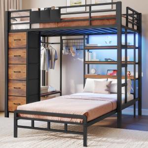 image:imageVIAGDO Bunk Bed Twin Over Twin with 5 Storage Drawers Twin Bunk Beds with Charging Station and Lights LShaped Metal Bunk Bed with Shelves Bedside Pocket Guardrail amp Ladder for Kids Teens BlackBlack