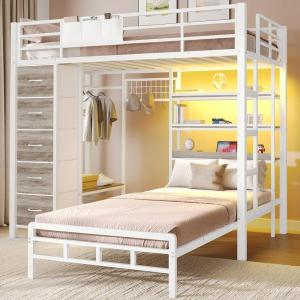 image:imageVIAGDO Bunk Bed Twin Over Twin with 5 Storage Drawers Twin Bunk Beds with Charging Station and Lights LShaped Metal Bunk Bed with Shelves Bedside Pocket Guardrail amp Ladder for Kids Teens BlackWhite