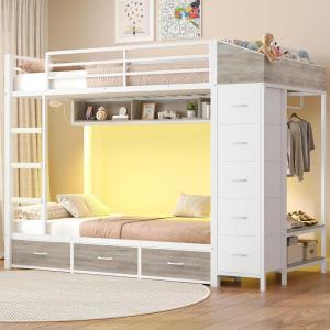 image:imageVIAGDO Bunk Bed Twin Over Twin with 8 Storage Drawers and Power Outlets LED Twin Bunk Beds with Hall Tree and Shelves Metal Bunk Beds with Safety Guardrail amp Ladder for Dorms Kids WhiteWhite