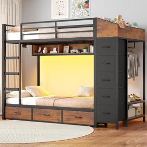image:imageVIAGDO Bunk Bed Twin Over Twin with 8 Storage Drawers and Power Outlets LED Twin Bunk Beds with Hall Tree and Shelves Metal Bunk Beds with Safety Guardrail amp Ladder for Dorms Kids WhiteBlack