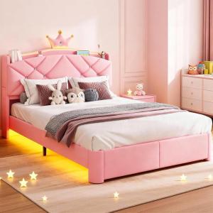 image:imageVIAGDO Full Size Bed Frame with LED and Charging StationStorage Headboard amp 2 Storage DrawersPrincess Upholstered Bed with Crystal Button amp CrownVelvet Platform Bed for GirlsPinkPink