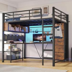 image:imageVIAGDO Loft Bed Full Size with LShaped Desk 5 Storage Drawers Charging Station and LED Lights Metal Loft Bed with Open Shelves Clothes Hanging Rail Safety GuardrailampLadder SpaceSaving WhiteBlack