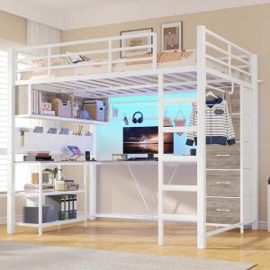 image:imageVIAGDO Loft Bed Full Size with LShaped Desk 5 Storage Drawers Charging Station and LED Lights Metal Loft Bed with Open Shelves Clothes Hanging Rail Safety GuardrailampLadder SpaceSaving WhiteWhite