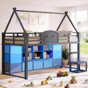 image:imageVIAGDO Low Loft Bed Twin Size with 9 Storage Drawers Bookcase and LED Lights HouseShaped Metal Twin Loft Bed with Step Stool and Safety Guardrail Kids Loft Bed with UnderBed Play Space WhiteGrey