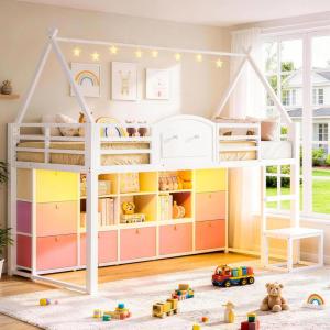 image:imageVIAGDO Low Loft Bed Twin Size with 9 Storage Drawers Bookcase and LED Lights HouseShaped Metal Twin Loft Bed with Step Stool and Safety Guardrail Kids Loft Bed with UnderBed Play Space WhiteWhite