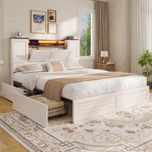 image:imageVIAGDO Queen Bed Frame with Headboard and Storage Cabinets Farmhouse Bed Frame Queen Size with Charging Station and LED Lights Wooden Platform Bed Frame with 4 Drawers No Box Spring Needed BrownWhite