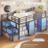 image:imageVIAGDO Low Loft Bed Twin Size with 9 Storage Drawers Bookcase and LED Lights Metal Kids Loft Bed with Wide Staircase Open Shelves and Safety Guardrail Twin Loft Bed with UnderBed Playhouse WhiteGrey