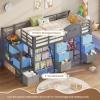 image:imageVIAGDO Low Loft Bed Twin Size with 9 Storage Drawers Bookcase and LED Lights Metal Kids Loft Bed with Wide Staircase Open Shelves and Safety Guardrail Twin Loft Bed with UnderBed Playhouse WhiteGrey
