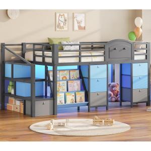 image:imageVIAGDO Low Loft Bed Twin Size with 9 Storage Drawers Bookcase and LED Lights Metal Kids Loft Bed with Wide Staircase Open Shelves and Safety Guardrail Twin Loft Bed with UnderBed Playhouse WhiteGrey
