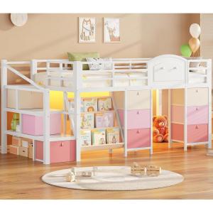 image:imageVIAGDO Low Loft Bed Twin Size with 9 Storage Drawers Bookcase and LED Lights Metal Kids Loft Bed with Wide Staircase Open Shelves and Safety Guardrail Twin Loft Bed with UnderBed Playhouse WhiteWhite