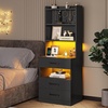 image:imageVIAGDO Tall Nightstand Set of 2 with Charging Station and LED Lights Grey Night Stand Set 2 with Bookshelf Modern LED Bedside Tables with 3 Drawers and Storage Shelves Side Tables for BedroomsBlack