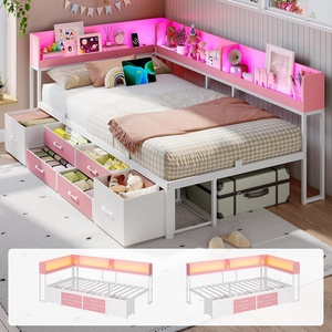 image:imageVIAGDO Corner Bed Frame with Bookcase Storage Twin Daybed with 6 DrawersPink