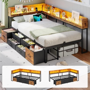 image:imageVIAGDO Corner Bed Frame with Bookcase Storage Twin Daybed with 6 DrawersRustic Brown  Black