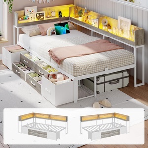 image:imageVIAGDO Corner Bed Frame with Bookcase Storage Twin Daybed with 6 DrawersWhite  Grey