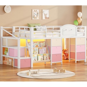 image:imageVIAGDO Low Loft Bed Twin Size with 9 Storage Drawers Bookcase and LED Lights Metal Kids Loft Bed with Wide Staircase Open Shelves and Safety Guardrail Twin Loft Bed with UnderBed Playhouse PinkWhite