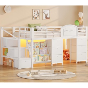 image:imageVIAGDO Low Loft Bed Twin Size with 9 Storage Drawers Bookcase and LED Lights Metal Kids Loft Bed with Wide Staircase Open Shelves and Safety Guardrail Twin Loft Bed with UnderBed Playhouse PinkPure White
