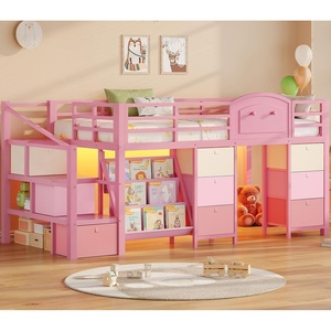 image:imageVIAGDO Low Loft Bed Twin Size with 9 Storage Drawers Bookcase and LED Lights Metal Kids Loft Bed with Wide Staircase Open Shelves and Safety Guardrail Twin Loft Bed with UnderBed Playhouse PinkPink