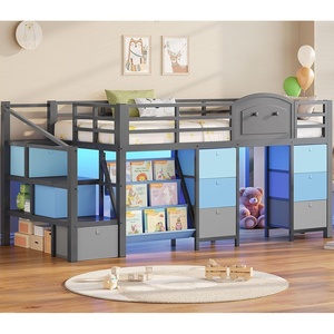 image:imageVIAGDO Low Loft Bed Twin Size with 9 Storage Drawers Bookcase and LED Lights Metal Kids Loft Bed with Wide Staircase Open Shelves and Safety Guardrail Twin Loft Bed with UnderBed Playhouse PinkGrey
