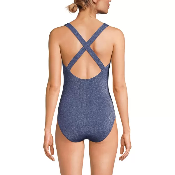 Lands End Womens Long Chlorine Resistant Scoop Neck XBack High Leg Soft Cup Tugless Sporty One Piece SwimsuiMediterranean Blue Shine