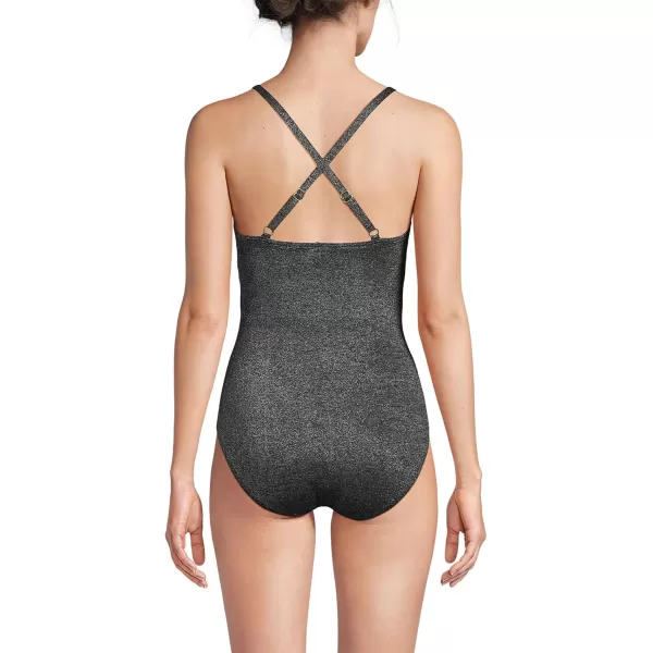 Lands End Womens Slender Suit VNeck Pleated XBack One Piece Swimsuit Adjustable StrapsBlack Shine