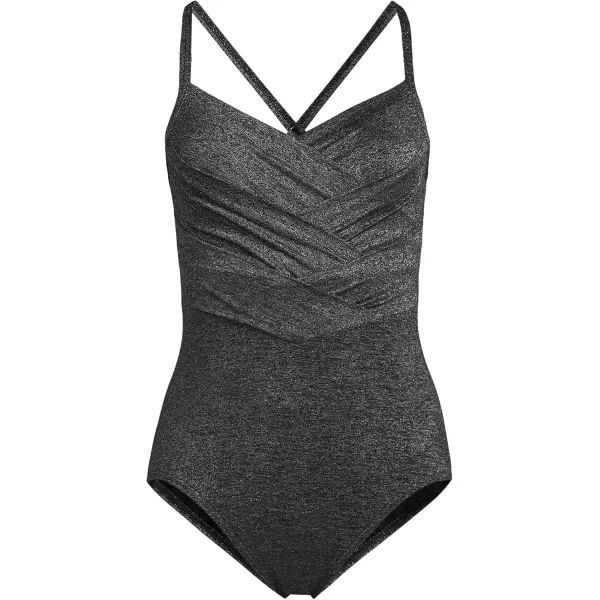 Lands End Womens Slender Suit VNeck Pleated XBack One Piece Swimsuit Adjustable StrapsBlack Shine