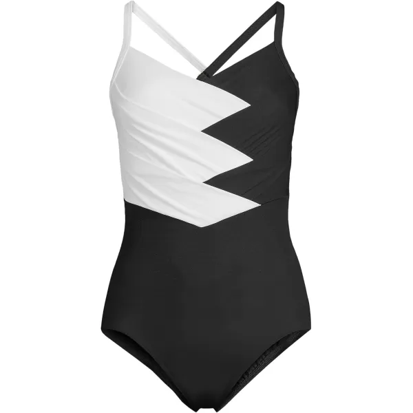 Lands End Womens Slender Suit VNeck Pleated XBack One Piece Swimsuit Adjustable StrapsBlackWhite