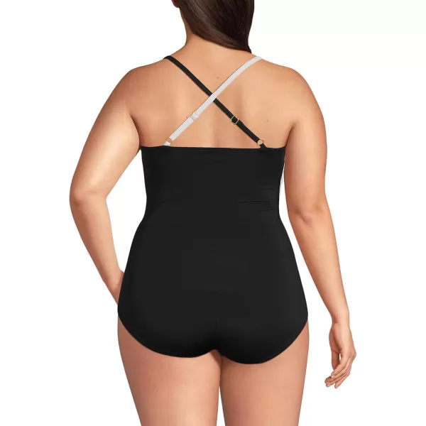 Lands End Womens Slender Suit VNeck Pleated XBack One Piece Swimsuit Adjustable StrapsBlackWhite