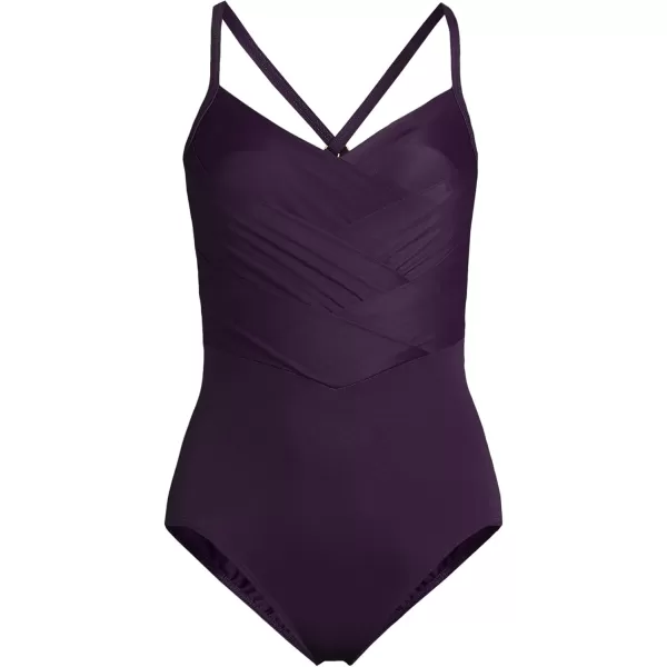 Lands End Womens Slender Suit VNeck Pleated XBack One Piece Swimsuit Adjustable StrapsBlackberry