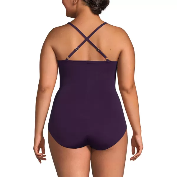 Lands End Womens Slender Suit VNeck Pleated XBack One Piece Swimsuit Adjustable StrapsBlackberry