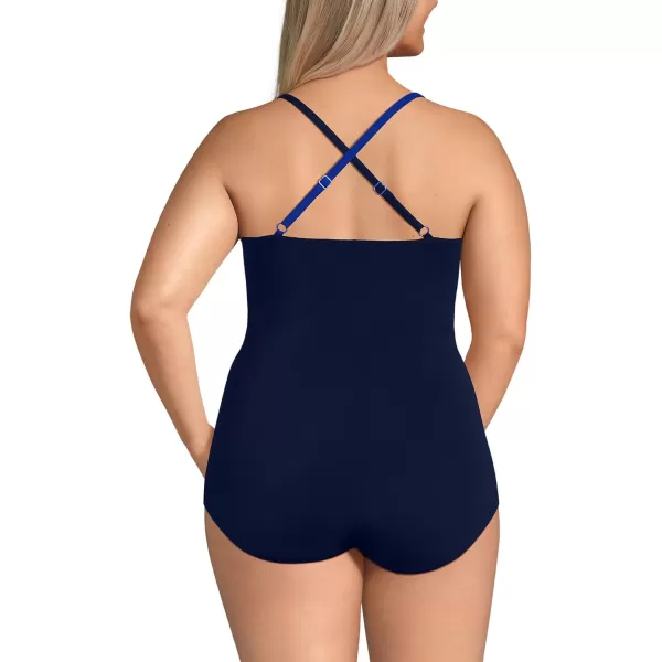 Lands End Womens Slender Suit VNeck Pleated XBack One Piece Swimsuit Adjustable StrapsElectric BlueDeep Sea Navy