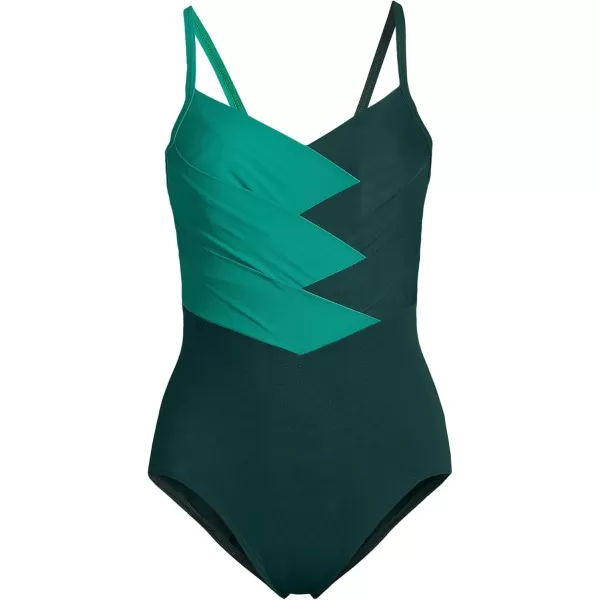 Lands End Womens Slender Suit VNeck Pleated XBack One Piece Swimsuit Adjustable StrapsIsland EmeraldDeep Balsam