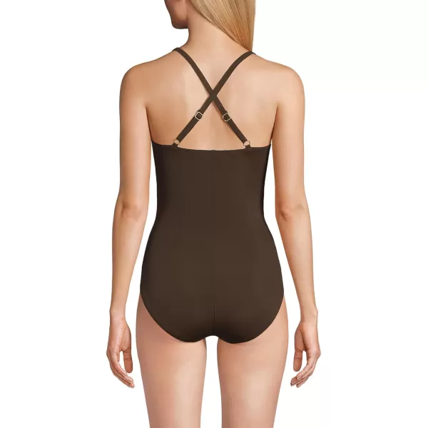 Lands End Womens Slender Suit VNeck Pleated XBack One Piece Swimsuit Adjustable StrapsRich Coffee