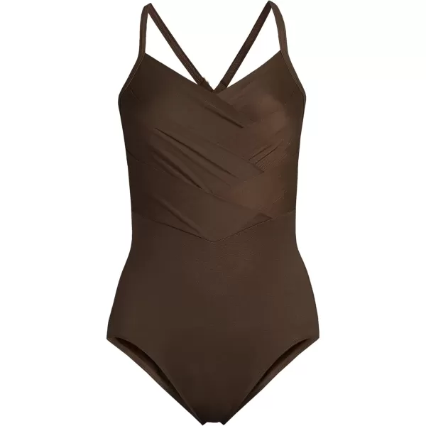 Lands End Womens Slender Suit VNeck Pleated XBack One Piece Swimsuit Adjustable StrapsRich Coffee