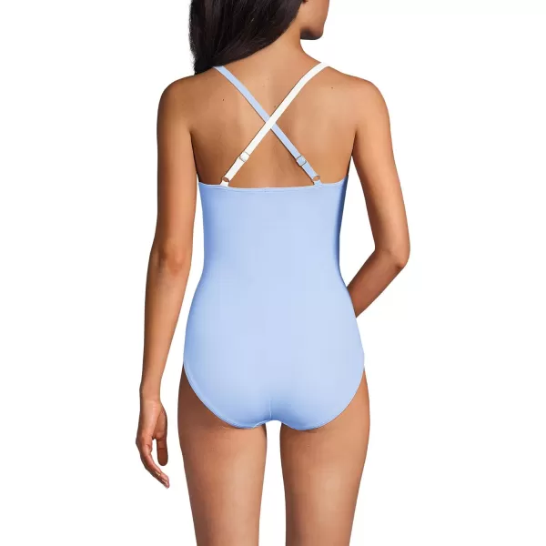 Lands End Womens Slender Suit VNeck Pleated XBack One Piece Swimsuit Adjustable StrapsSoft Cloud BlueEgret White