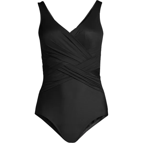 Lands End Womens SlenderSuit Tummy Control VNeck Wrap One Piece SwimsuitBlack